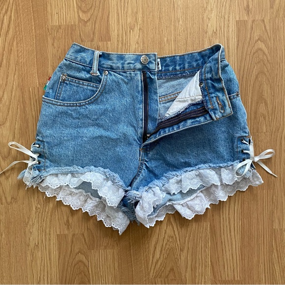 Vintage 80s 90s Filippo Totti FT Lace Ribbon Denim Jean Shorts 7 8 High Rise XS - Picture 3 of 9